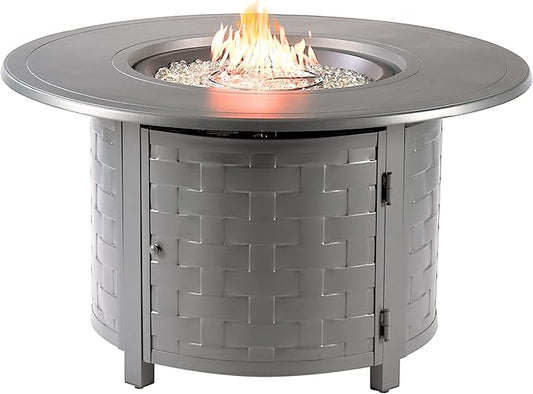 Round 44 in. x 44 in. Aluminum Propane Fire Pit Table with Glass Beads, Two Covers, Lid, 57,000 BTUs in Grey Finish
