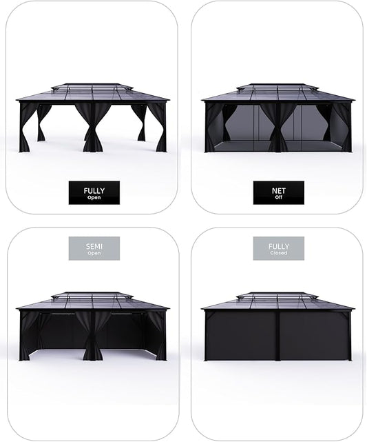 GarveeLife Hardtop Gazebo 12 ft x20 ft for All Weather, Double Polycarbonate Sheets Roof, Aluminum Alloy Frame, Net, and Curtain, Permanent Building for Patio, Deck, Backyard, Lawn, and Garden