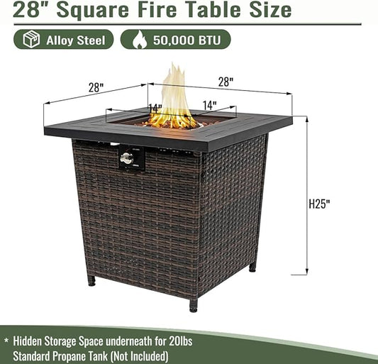 Propane Fire Pit Table, 28 Inch Wicker Firepits for Outside, Square Gas Fire Pit for Outside Patio, Propane Fire Table for Patio, Backyard, Pool, 50,000 BTU, Tank Inside, Black Brown