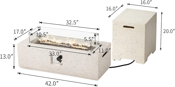 COSIEST 2-Piece Outdoor Propane Fire Pit Table Set w Tank Table, 42" Terrazzo Rectangle Fire Table (Certified, 50,000 BTU) w 16" Tank Cover Side Table, Wind Guard, Rain Cover for Garden, Pool