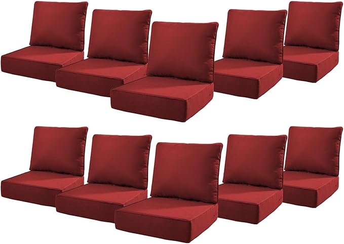 6" Thick Outdoor Cushions 22x24x6, 10-Set Deep Seat Patio Cushions with Removable Cover, Waterproof & Fade Resistant Replacement for Wicker Chair, Loveseat, Sofa - Red