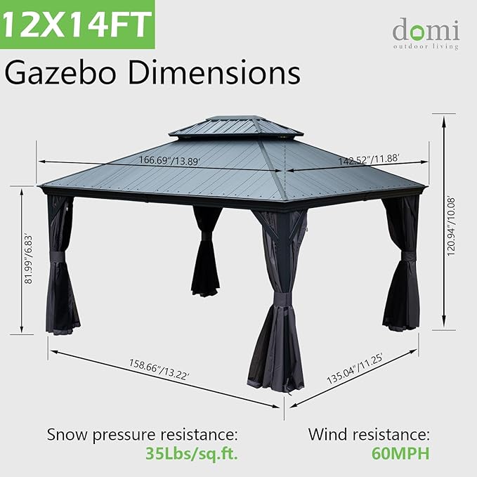 Domi 12’x14’ Hardtop Gazebo with Resin Roof, Outdoor Metal Gazebo with Drainage Gutters, Permanent Heavy Duty Pavilion for Patio, Backyard and Deck, Curtains and Mosquito Netting Included