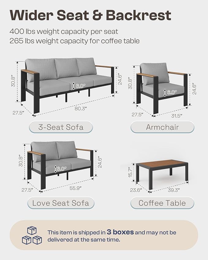 Aluminum Outdoor Patio Furniture Set with Coffee Table, 4 Piece Patio Conversation Sets with Washable Thick Cushions, Patio Sectional Furniture Set for Poolside, Balcony, Deck, Gray