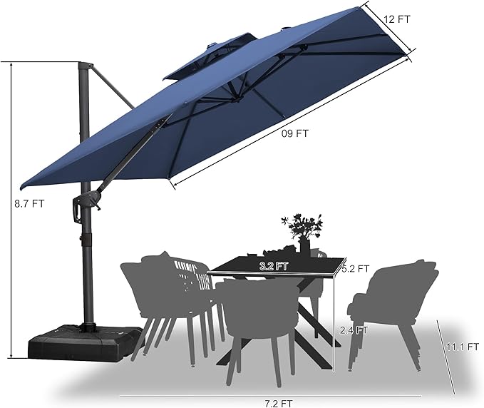 PURPLE LEAF 9' X 12' Double Top Cantilever Patio Umbrella Deluxe Large Outdoor Umbrella Rectangle Offset Umbrella with Fade Resistance for Garden Deck Pool Patio, Ocean Slate