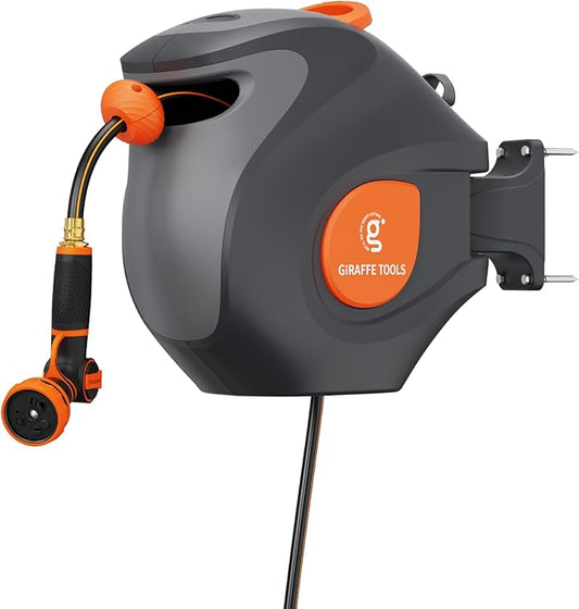 Giraffe Tools BW30 Retractable Garden Hose Reel 100ft x 1/2”, Wall-Mounted Automatic Water Hose Reel with 9 Pattern Nozzles for Outside Use