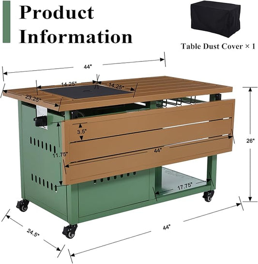 Gas Fire Pits for Outside Patio, Rectangular Fire Pit Tables, Firepit Table Propane, 44" Outdoor Propane Fire Pit with Universal Wheels, 2 in 1 Rectangle Gas Fire Pit Table, Green