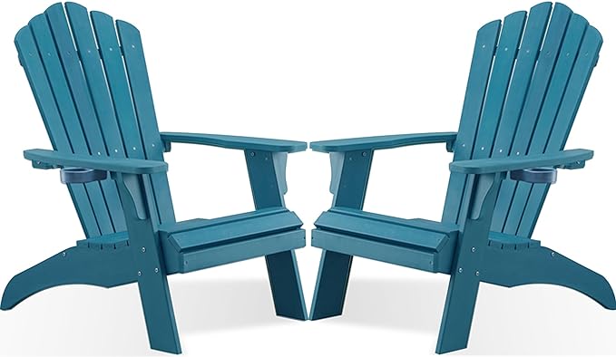 Psilvam Adirondack Chair, Oversized Poly Lumber Fire Pit Chair with Cup Holder, 350Lbs Support Patio Chairs for Garden, Weather Resistant Outdoors Seating, Relaxing Gift for Father & Mother(2, Blue)