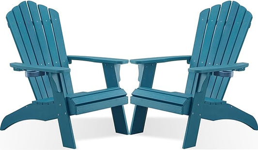 Psilvam Adirondack Chair, Oversized Poly Lumber Fire Pit Chair with Cup Holder, 350Lbs Support Patio Chairs for Garden, Weather Resistant Outdoors Seating, Relaxing Gift for Father & Mother(2, Blue)