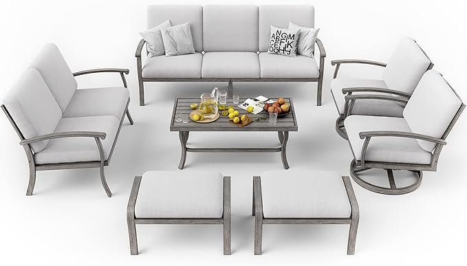 HAPPATIO 7 Piece Aluminum Patio Furniture Set, 3-Seat Outdoor Loveseat, Outdoor Sectional Sofa with Ottomans and Coffee Table, Garden Conversation Set with Swivel Armchairs for Lawn (Gray)