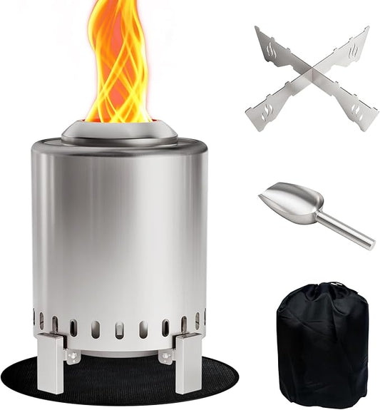 Mini Smokeless Tabletop Fire Pit with Pan Stand, Portable Stainless Steel Firepit Stove for Camping, Burns Pellets or Wood, Includes Travel Bag, Silver