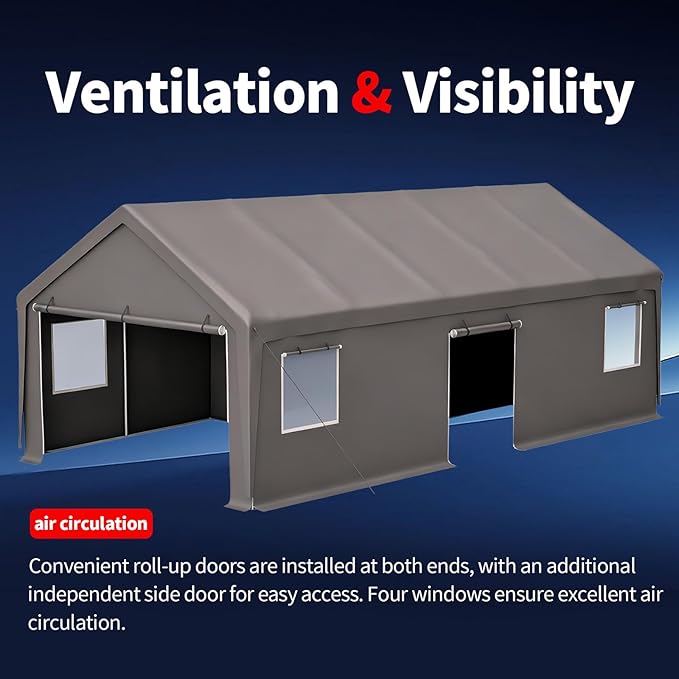 TFN 13x26 ft Heavy Duty Carport Outdoor Garage Car Port Features 2 Roll-up Doors + 1 Side Door Removable Sidewalls Windows All-Season Tarp for Car Boat Truck Vehicle
