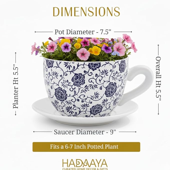 7.5" Ceramic Teacup Planter Pot with Saucer | Ideal for Succulents, Orchids, Herbs & Flowers | Indoor Use| Thoughtful Gift for Birthday, Gift Basket, Sympathy & More – White Blue Floral Teacup Planter