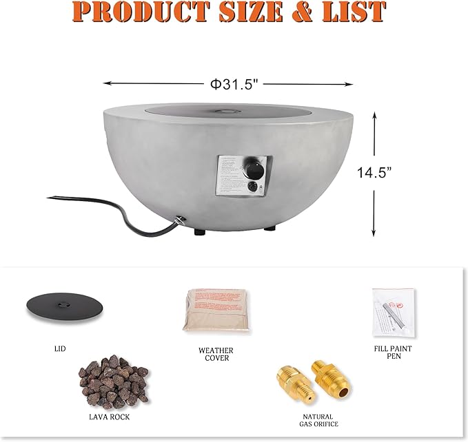 31.5 Inch Round Propane Fire Pit Table - Concrete Round Fire Bowl 50,000 BTU Gas FirePit Burner with Steel Lid, Lava Rocks, Rain Cover for Outside Patio, Backyard, Party