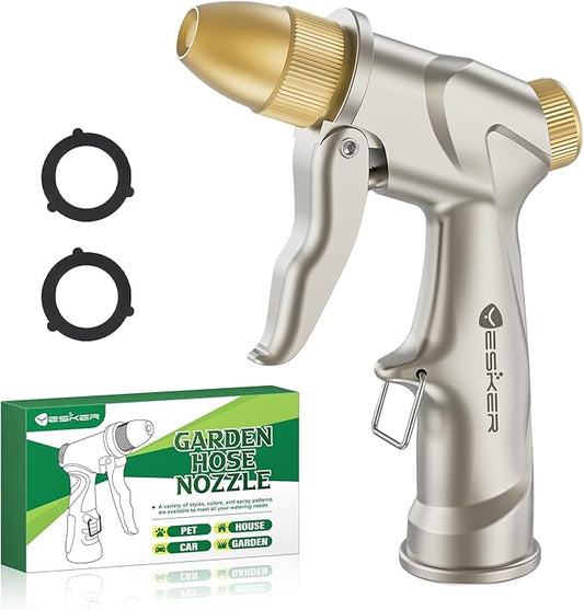 Yesker Garden Hose Nozzle, Water Hose Sprayer Nozzle Adjustable 4 Spray Patterns Heavy Duty Handheld 100% Metal Brass Water Nozzles for Hose Outdoor Watering Plants Lawns Garden Washing Cars Pets Home