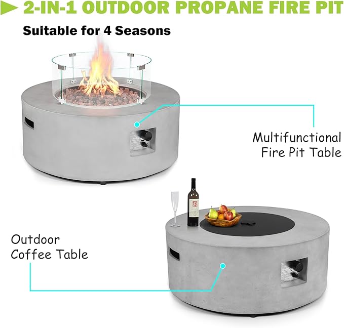 36 Inch Round Fire Pit Table,Propane Fire Pit Table Outdoor 50,000 BTU w Glass Wind Guard Gas Concrete Fire Pit,CSA Certification w Lid,Lava Rocks, Rain Cover for Backyard & Deck
