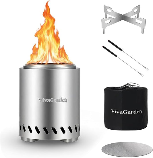 9.7 x 7.1 inch Tabletop FirePit, VivaGarden Portable Fire Pit Outdoor, Wood and Pellets Burning Camping Stove with Carry Bag, Forks, Mat and Pot Stand (Silver)