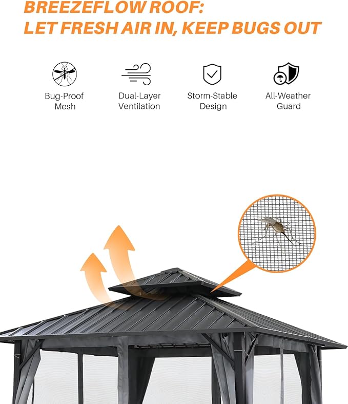 SEEHILL 12' x 12' Hardtop Gazebo, Aluminum Frame Patio Hardtop Gazebos with Netting and Curtain, Outdoor Patio Pergola, Outdoor Patio Gazebo with Double Metal Roofs for Lawns, Garden, Deck, Slate Gray