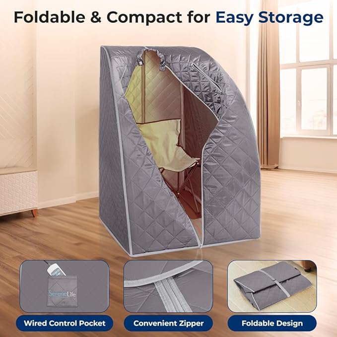 SereneLife Portable Sauna Box for Home, Infrared Sauna Tent with Heated Foot Pad and Folding Chair, Remote Control In-Home Spa, 38" x 32”