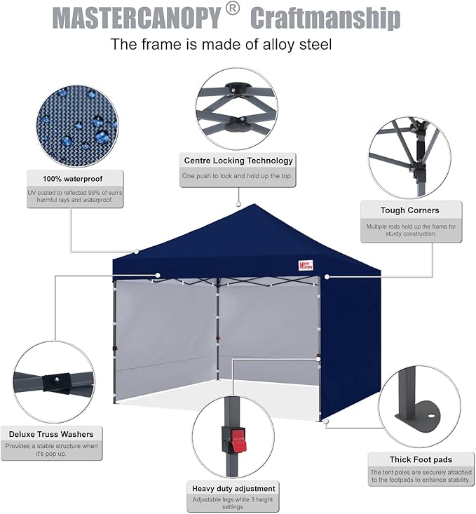 MASTERCANOPY Heavy Duty Pop-up Canopy Tent with Sidewalls (10x10,Navy Blue)