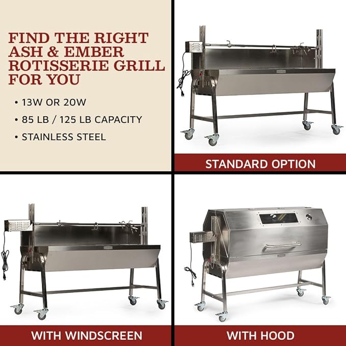 Ash & Ember 13W Stainless Steel Rotisserie Grill, Rated 85 LB for Medium Game, 4 RPM Rotation Speed, Outdoor Grill with Dual Prong Spit Rod, Single Leg Bracket, and Spine Fork