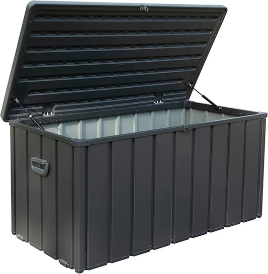 CHUNLY 100 Gallon Outdoor Waterproof Deck Box with Lockable Resin Lid, Storage Bench w/Mobility Rollers, All-weather Patio Storage Box for Outside Furniture Cushions, Garden Tools (Dark Gray)