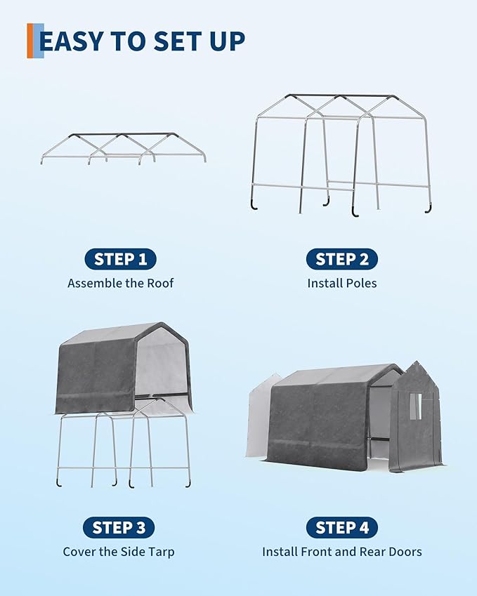 7X10 FT Heavy-Duty Portable Outdoor Storage Shed with Roll-Up Zipper Door & Vent, 240g Waterproof Carport Storage Shelter, UV-Resistant Canopy for Motorcycle, Firewood, Tools -Gray ﻿