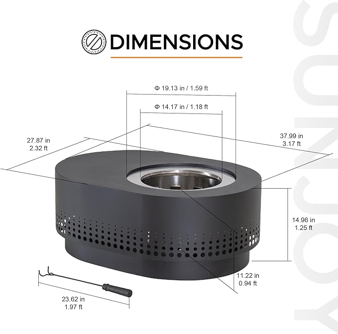 SUNJOY 38 in Smokeless Fire Pit with Table Top, Removable Ash Pan, Outdoor Portable Wood Burning Fireplace with PVC Cover and Fire Poker,Ideal for Camping, Bonfire, and Backyard, Black