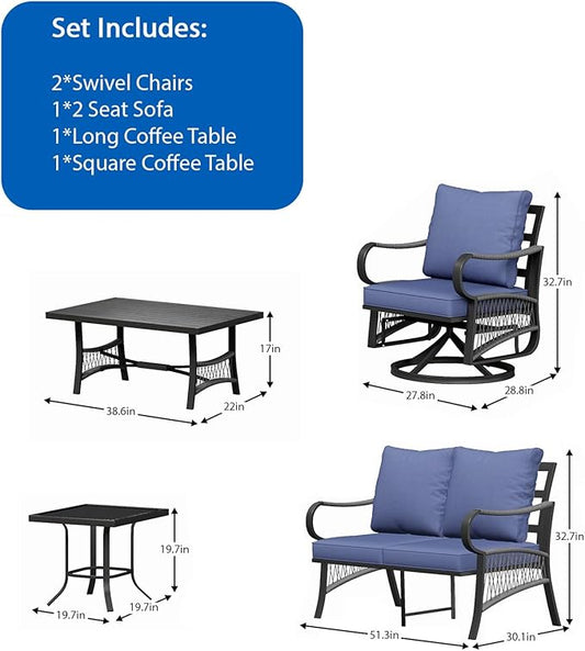 5 Piece Patio Furniture Set, Outdoor All Weather Conversation Sofa Set with 2 Swivel Chairs, Rope Braided Design and Thick Cushions for Garden, Porch, Lawn, Blue