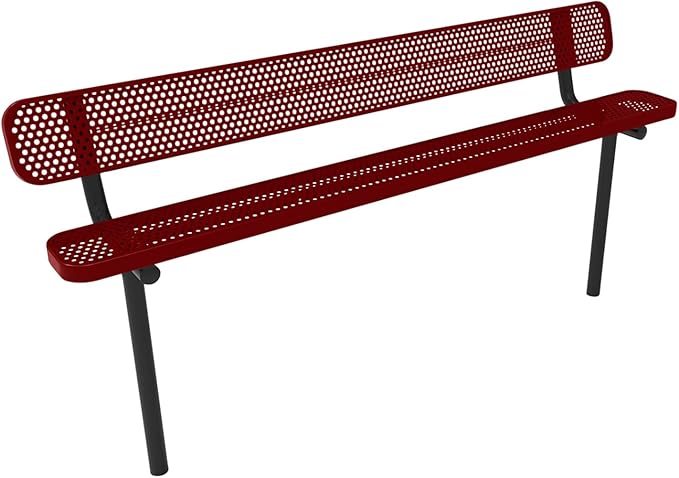 COATEDOUTDOORFURNITURE Coated Outdoor Furniture Heavy-Duty Outdoor Bench Thermoplastic Coated, Punched Steel, Commercial-Grade Seating, Made in America (Inground with Back, 8 Ft, Textured Burgundy)