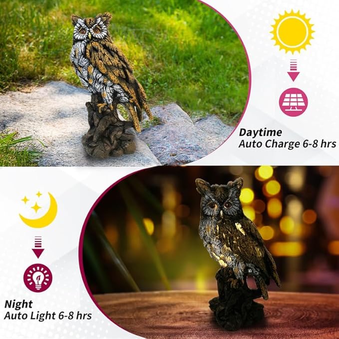 VV-Ladybug Solar Owl Resin Statue Hand - Painted Garden Decor with LED Light, Perched on Tree Stump Figurine for Outdoor Indoor Yard Patio Home Decoration