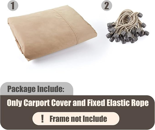 Carport Replacement Canopy Cover 10'x20' for Tent Top Garage Shelter Cover with Ball Bungees, 800D Oxford Replacement Cover Waterproof & UV Protection, Not Included Frame (Light Brown)
