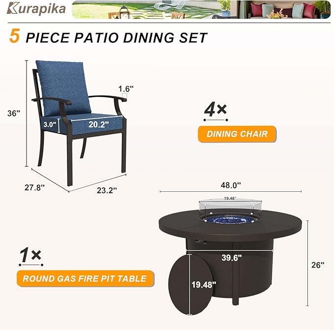 Kurapika 5 Piece Metal Outdoor Patio Furniture Set with Round Fire Pit Table, Patio Conversation Sets 4 Fixed Chairs with Thick Cushion and 40000 BTU Fire Pit Table, Navy Blue