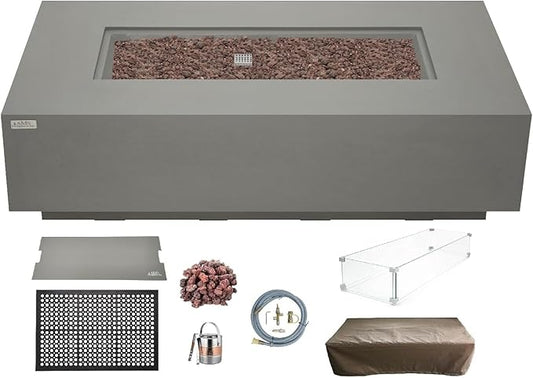 AMS Creations | Madison 60" Bundle Rectangular Natural Gas Outdoor Fire Pit Table | Light Gray Concrete GFRC | Smooth Texture or Surface | Electronic Ignition | Outside Backyard Fireplace