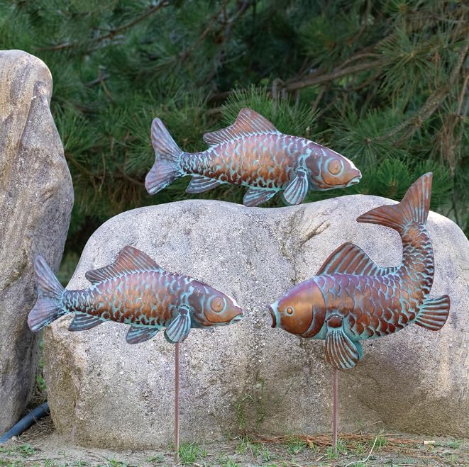 CLYB Outdoor Garden Sculptures & Statues Koi Fish Decor Antique Koi Garden Decor for Outside,Patio,Backyard,Pond,Home Decoration,Metal Fish Sculptures,Gardening Gifts for Women Mom Grandmom,Set of 3