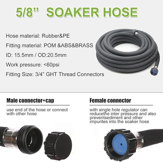Soaker Hose with Connector 5/8in Diameter 25FT 50FT Black Garden Water Hose Flower Bed and Lawn Lightweight Hose (25FT)