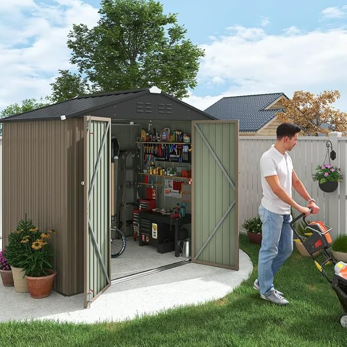 Flamaker 6x8 FT Storage Shed Waterproof Metal Garden Shed with Lockable Door Utility Tool Shed Outdoor Storage for Backyard, Patio and Lawn, Brown
