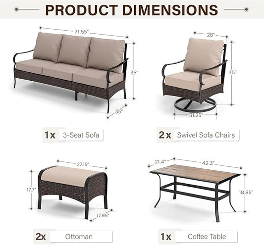 GREEN PARTY Extra Large Outdoor Patio Furniture Set 6 Pieces for 7, Modern Metal Patio Conversation Sets with High Back 3-Seat Sofa, 2 Swivel Chairs, 2 Ottoman, 1 Coffee Table