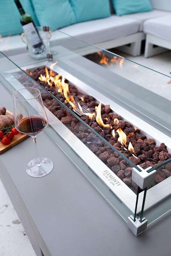Elementi Granville Gas Fire Pit Cast Concrete Fire Table, Outdoor Fire Pit Electronic Ignition | Canvas Cover, Lava Rock Included | Free AMS Wind Guard | Light Gray (Propane Gas)