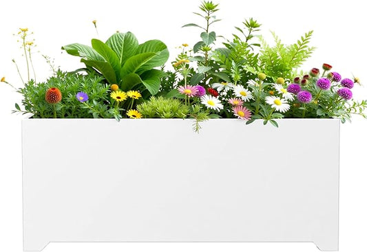 Metal Planter Box 36"L x 15"W x 15"H, Large Outdoor Rectangle Planters with 6 Drainage Holes & Raised Bottom, All-Weather Garden Planter Box for Patio, Lawn, Commercial & Residential, White