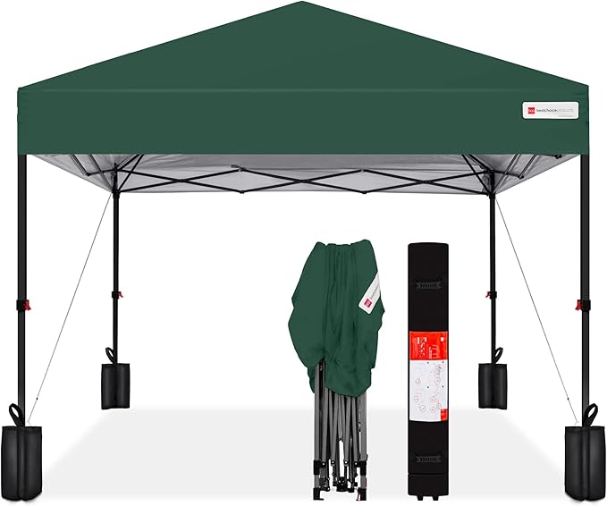 Best Choice Products 8x8ft 1-Person Setup Pop Up Canopy Tent Instant Portable Shelter w/ 1-Button Push, Case, 4 Weight Bags - Dark Green