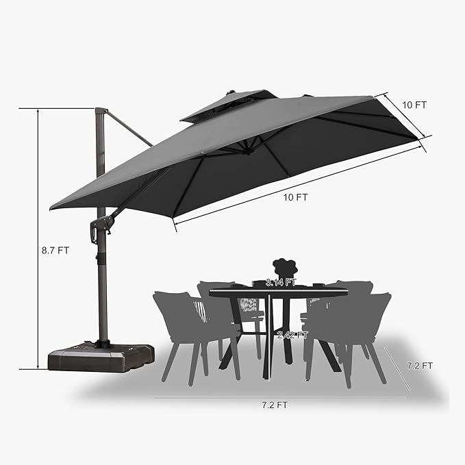 PURPLE LEAF 10 FT Cantilever Umbrella Outdoor Patio Umbrella, Large Offset Square Umbrella, Windproof Heavy Duty Hanging Outside for Patio, Mist Grey