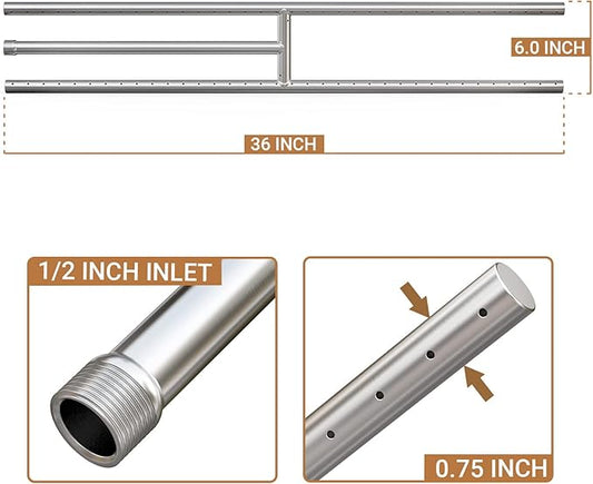 Onlyfire Stainless Steel Fireplace H-Burner for Natural Gas & Propane Fire Pit and Fireplace, 36 x 6 Inch Rectangular DIY Firepit H Burner for Indoor and Outdoor, BTU Max 175,000