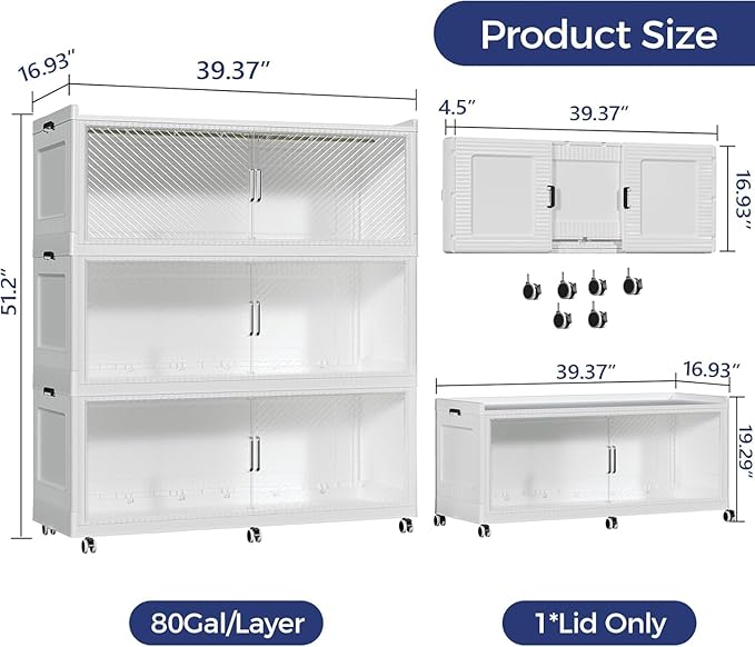 960QT Extra Large Storage Bins with Lid and Wheels, 240Gal Stackable Closet Organizers and Storage Cabinet, Collapsible Storage Box with Doors for Home Kitchen Office Dorm, 3Pack White Clear