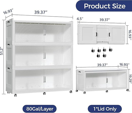 960QT Extra Large Storage Bins with Lid and Wheels, 240Gal Stackable Closet Organizers and Storage Cabinet, Collapsible Storage Box with Doors for Home Kitchen Office Dorm, 3Pack White Clear