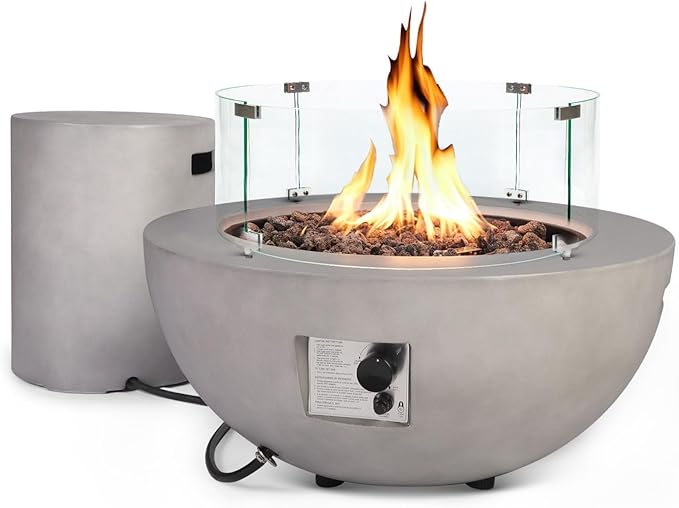 31.5inch Round Propane Fire Pit Table with Tank Cover Wind Guard, 3 Pieces Outdoor Natural Gas Firepit Set 50,000 BTU Concrete Fire Bowl for Outside Patio, Deck, Backyard, Garden, Gray