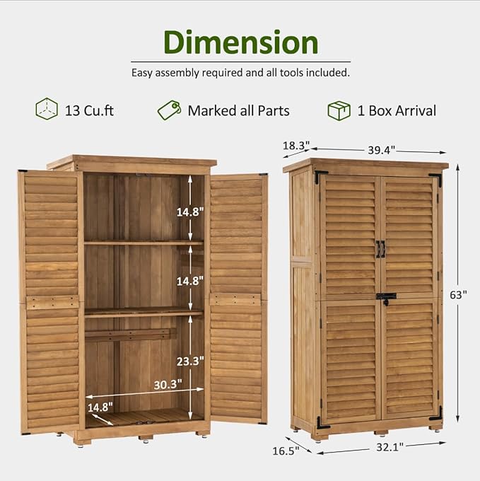 MCombo Outdoor Storage Cabinet, Garden Storage Shed, Outside Vertical Shed with Lockers, Outdoor 63 Inches Wood Tall Cabinet for Yard and Patio 0870 (Natural)