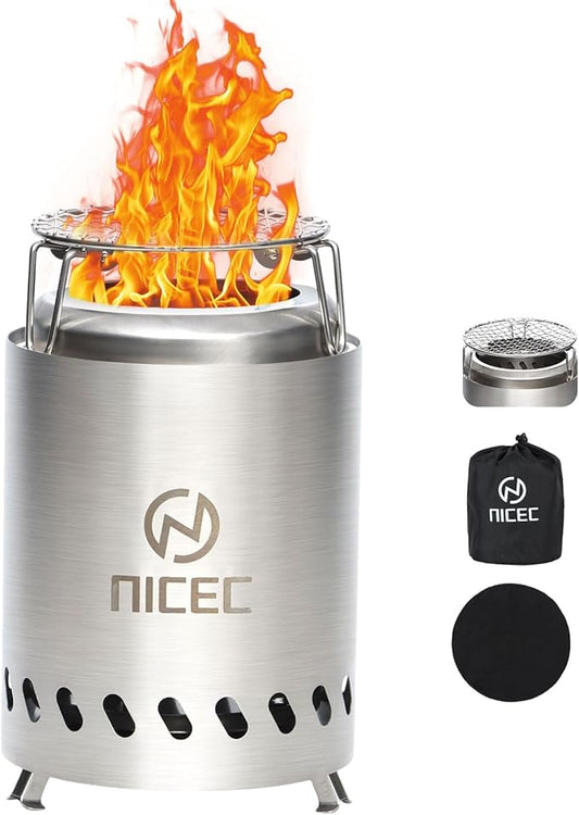 Nice C Fire Pits, 5.5 Inch Smokeless Fire Pits, Portable Fire Pit, Outdoor Fire Pit, Tabletop Fire Pit, Wood Buring Fireplaces, Stainless Steel, with Grill Grate, Removable Ash Tray & Carry Bag