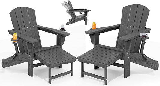 KINGYES Folding Adjustable Adirondack Chair with Retractable Ottoman Set of 2, HDPE All Weather Chair with Cup Holder, Wood-Like Reclining Adirondack Outdoor Chair - Versatile Adirondack Chair, Grey