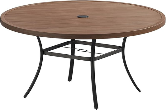 DIFY Patio Round Dining Table, 53" All Weather Round Outdoor Table with 1.57" Umbrella Hole for 8 Person, Perfect for Yard, Balcony and Lawn, Walnut