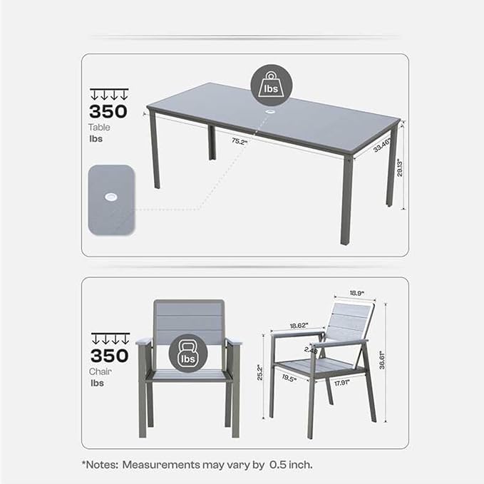 Kingdura 7 Piece Patio Dining Set for 6, HDPE Outdoor Table & Chairs with 11ft Cantilever Patio Umbrella, All-Weather Outdoor Furniture Patio Conversation Set for Lawn Pool Backyard, Grey